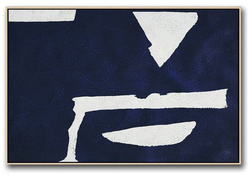 Large Abstract Art,Horizontal Navy Painting Abstract Minimalist Art On Canvas,Modern Living Room Decor